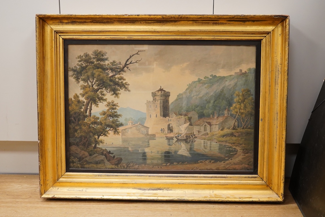 J H Fidlor (Late 18th / early 19th. C), Continental lakeside scene with boats, signed and dated 1808, 3S6XJ stencil verso, watercolour, 41 x 60cm, gilt framed